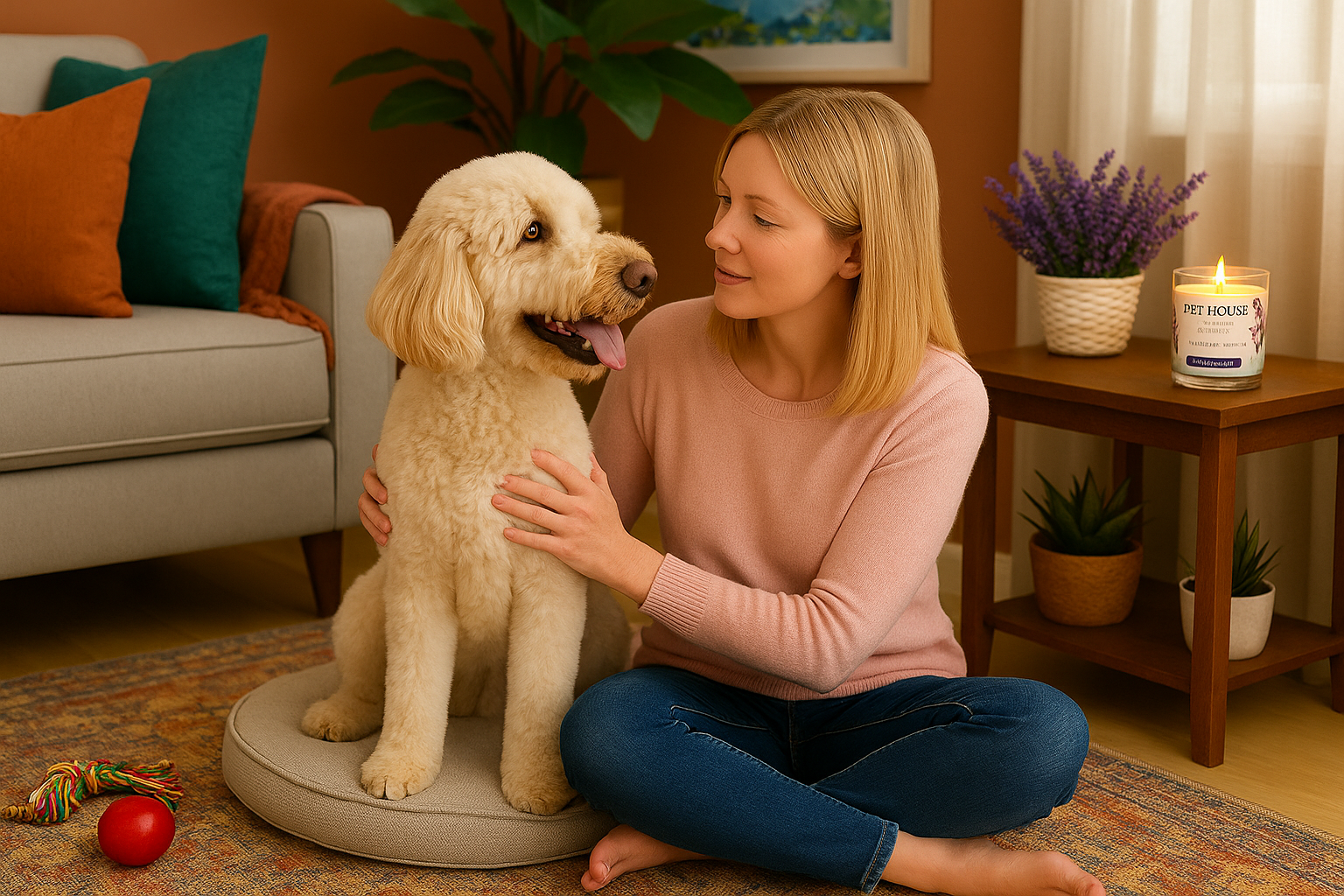 woman with dog in a living room