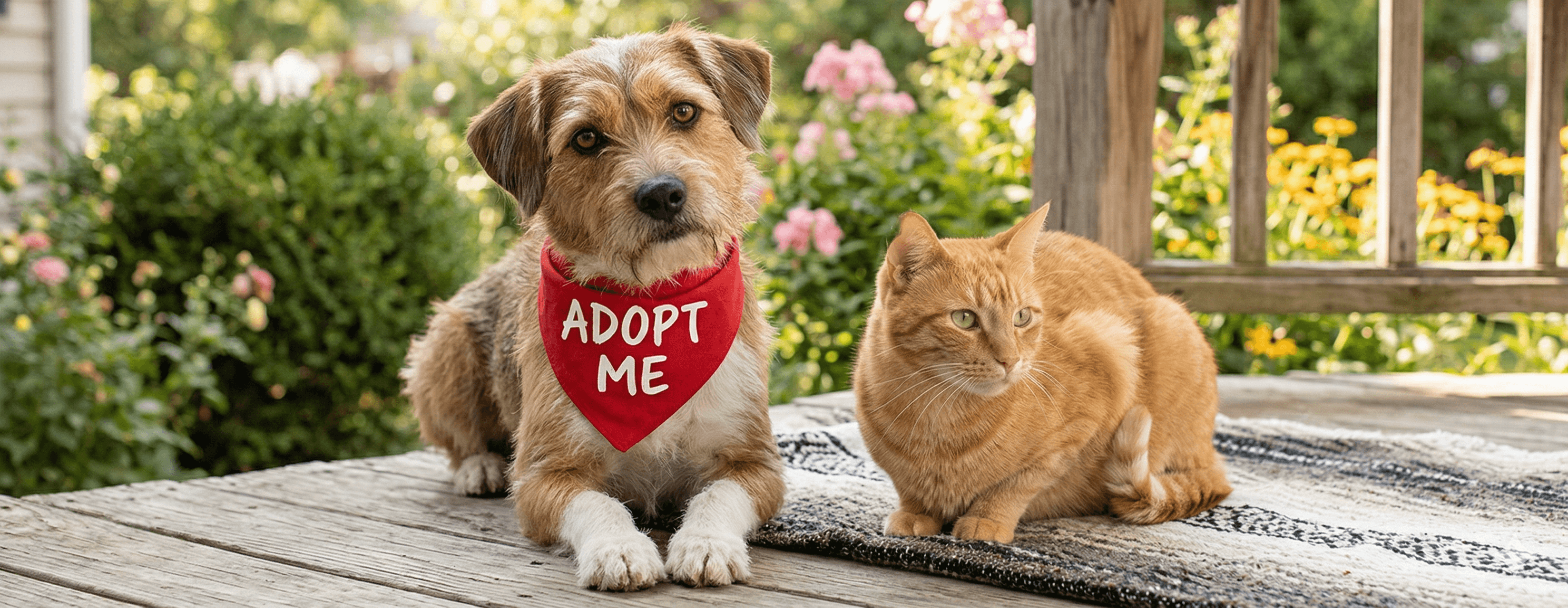 Dog and cat.  Dog has an Adopt Me bandanda on