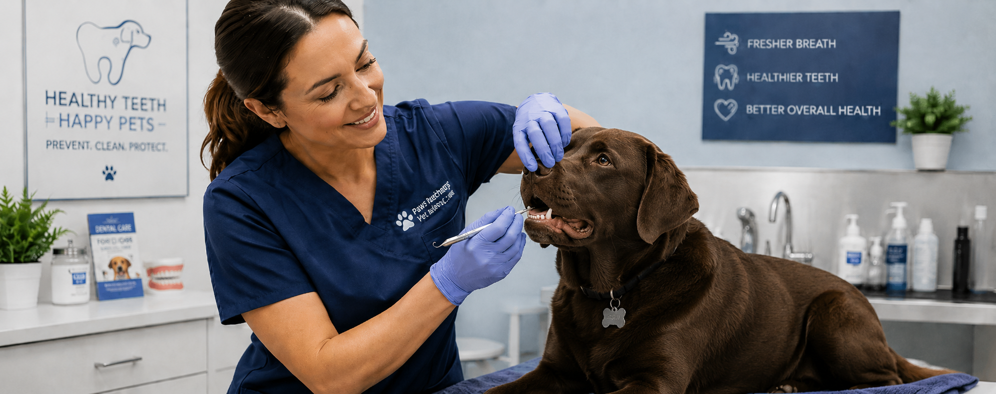 Woman cleaning a dogs teeth