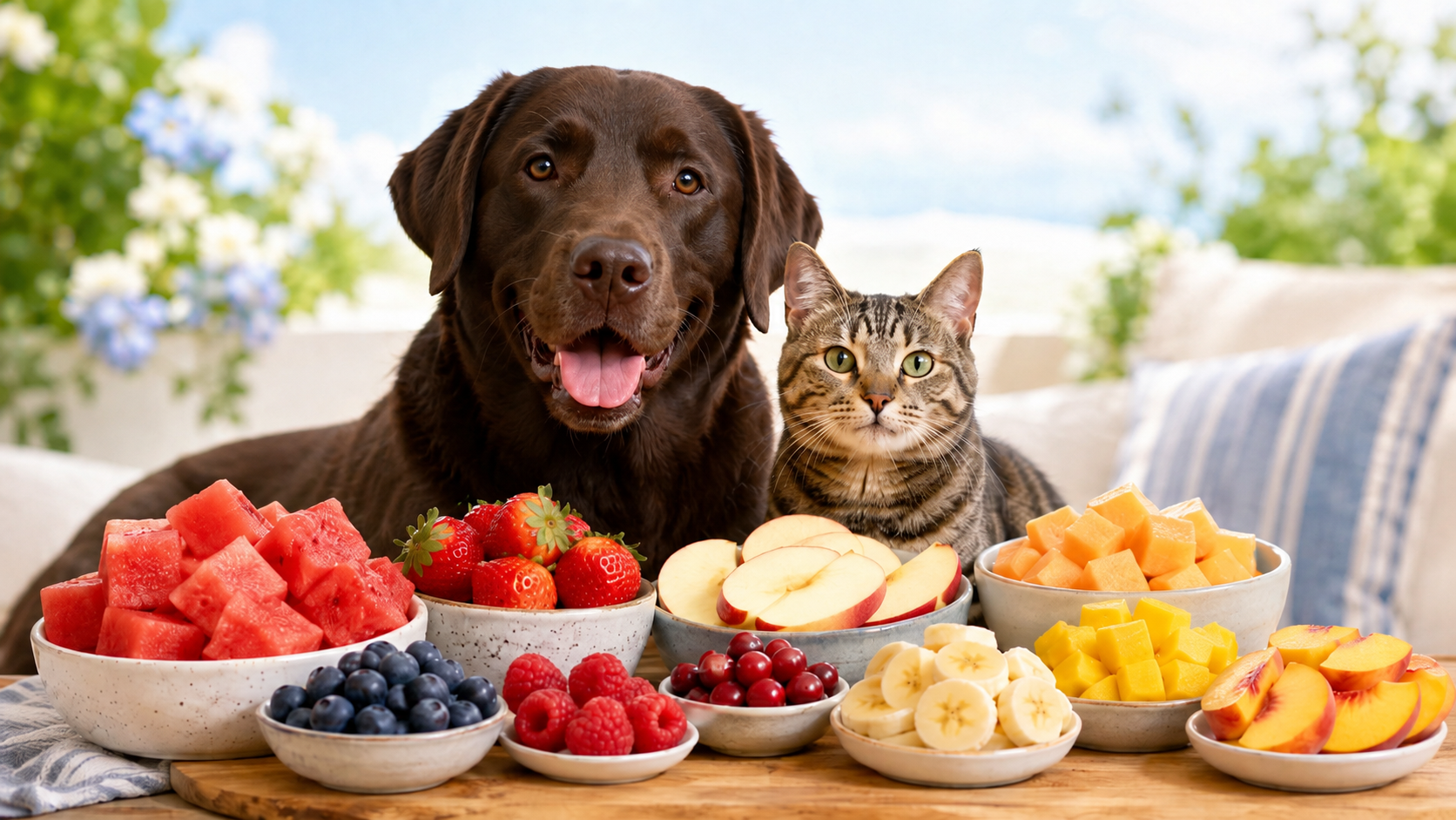 Dog and cat with some fresh fruit