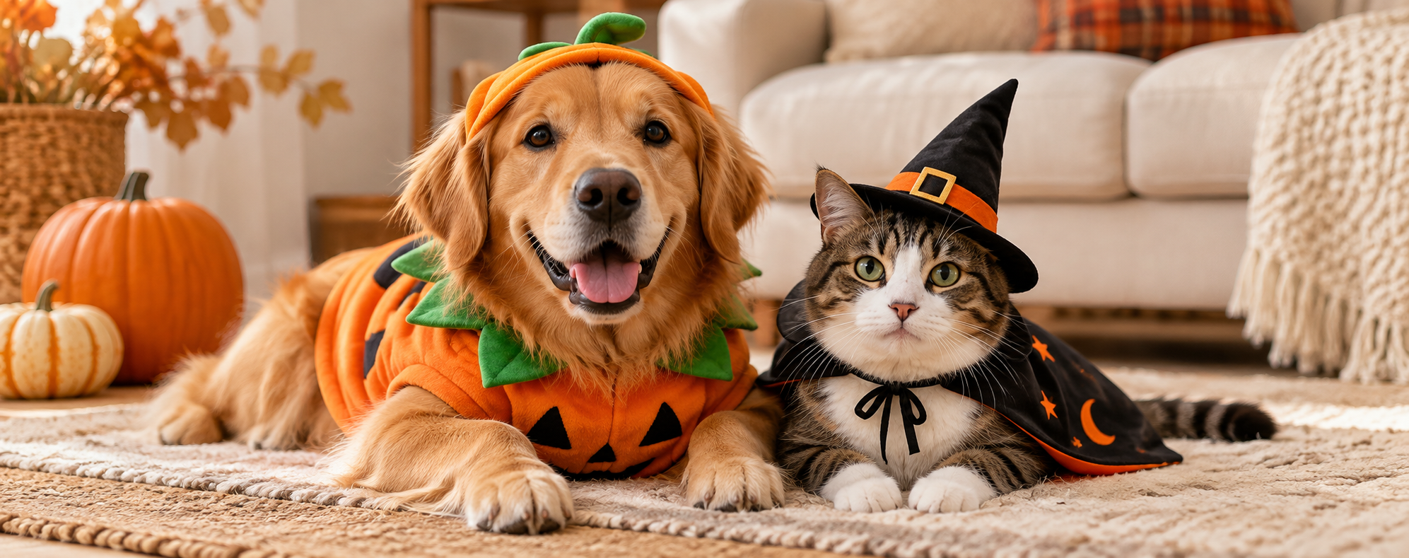 dog and cat in Halloween costumes