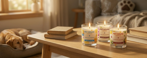 dog in a dog bed and three Pet House Candles on a table