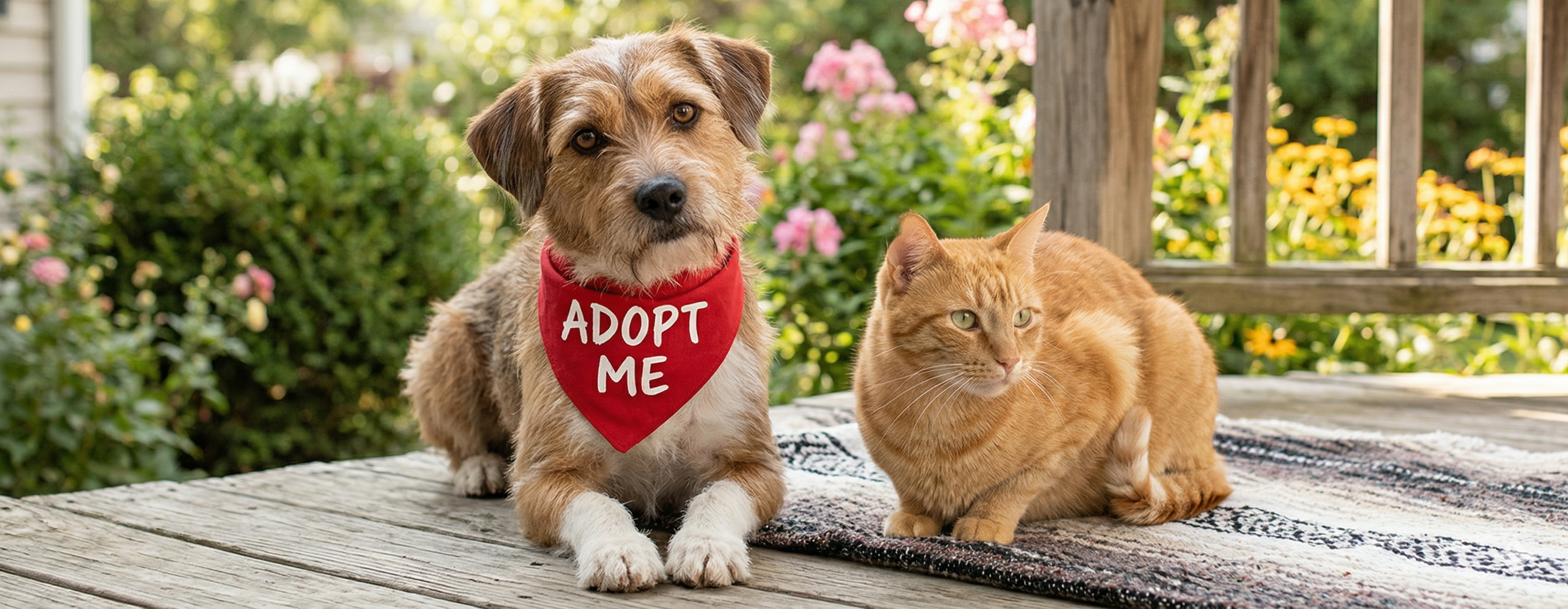 Dog and cat.  Dog has an Adopt Me bandanda on