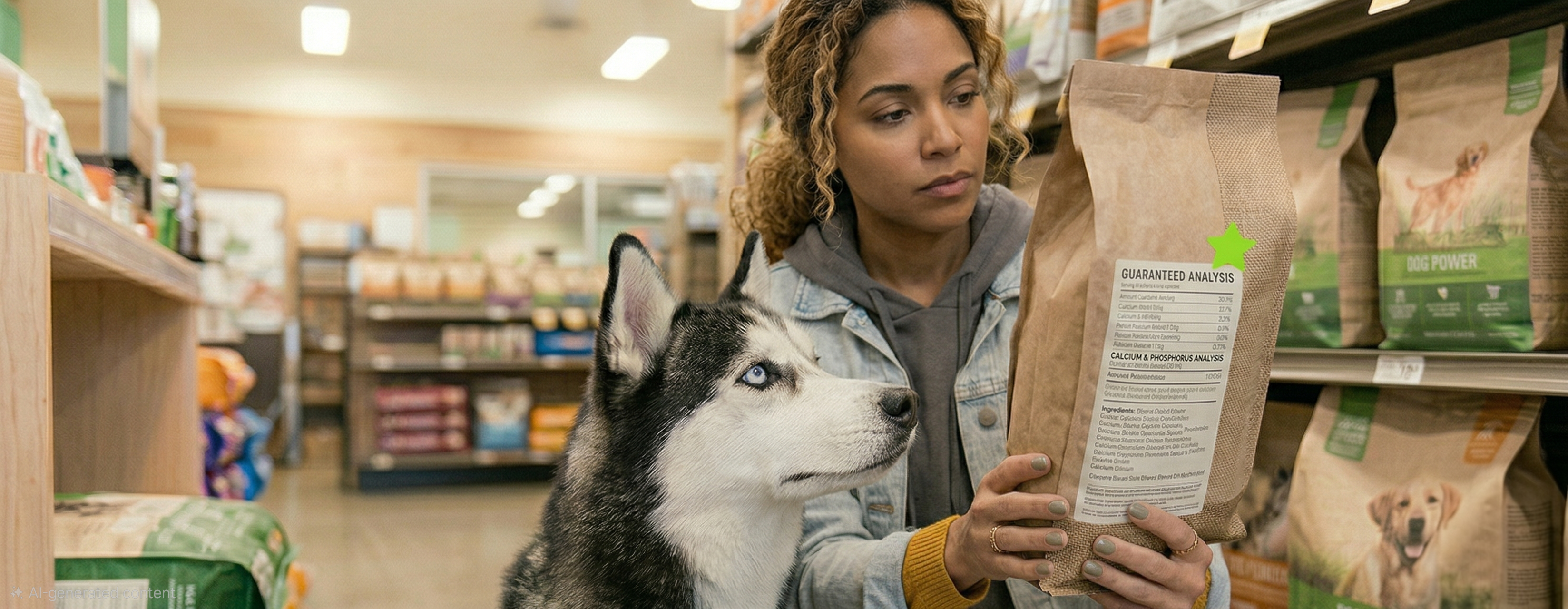 Woman with a husky reading dog food label