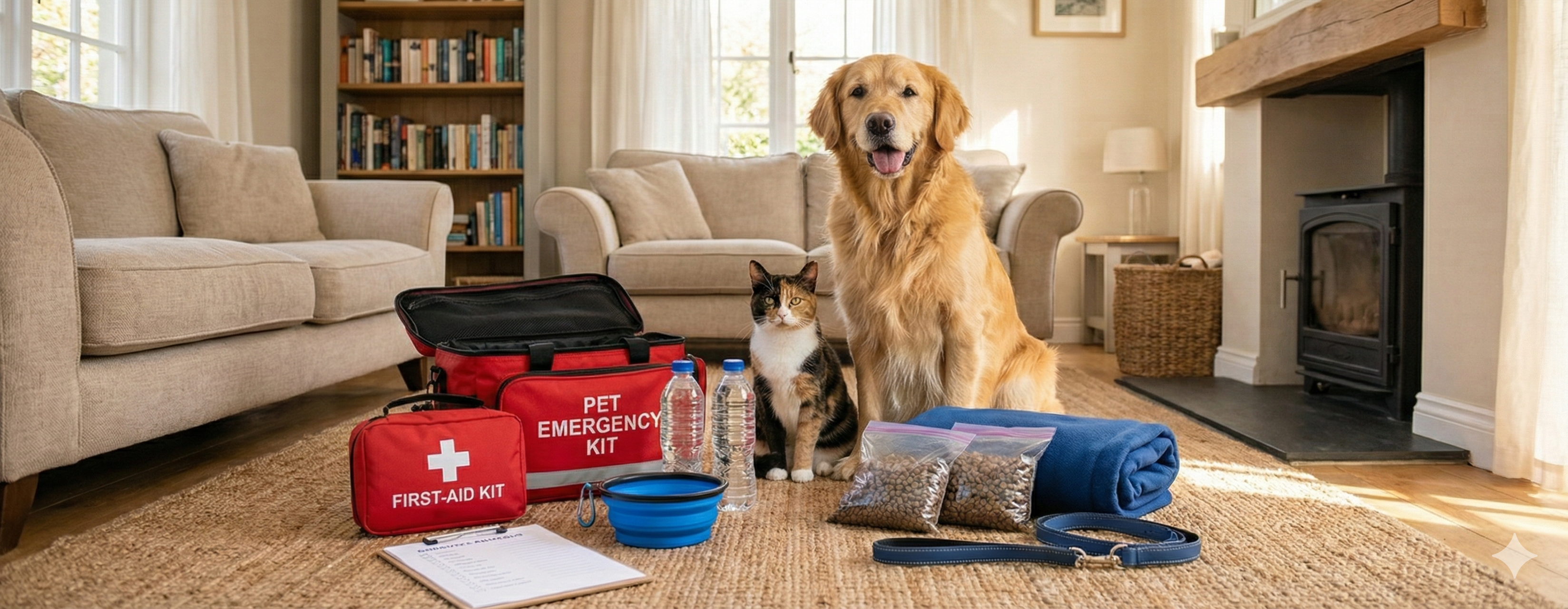 Emergency kit for pets with a dog and cat