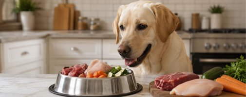 Dog looking at a bowl of raw food