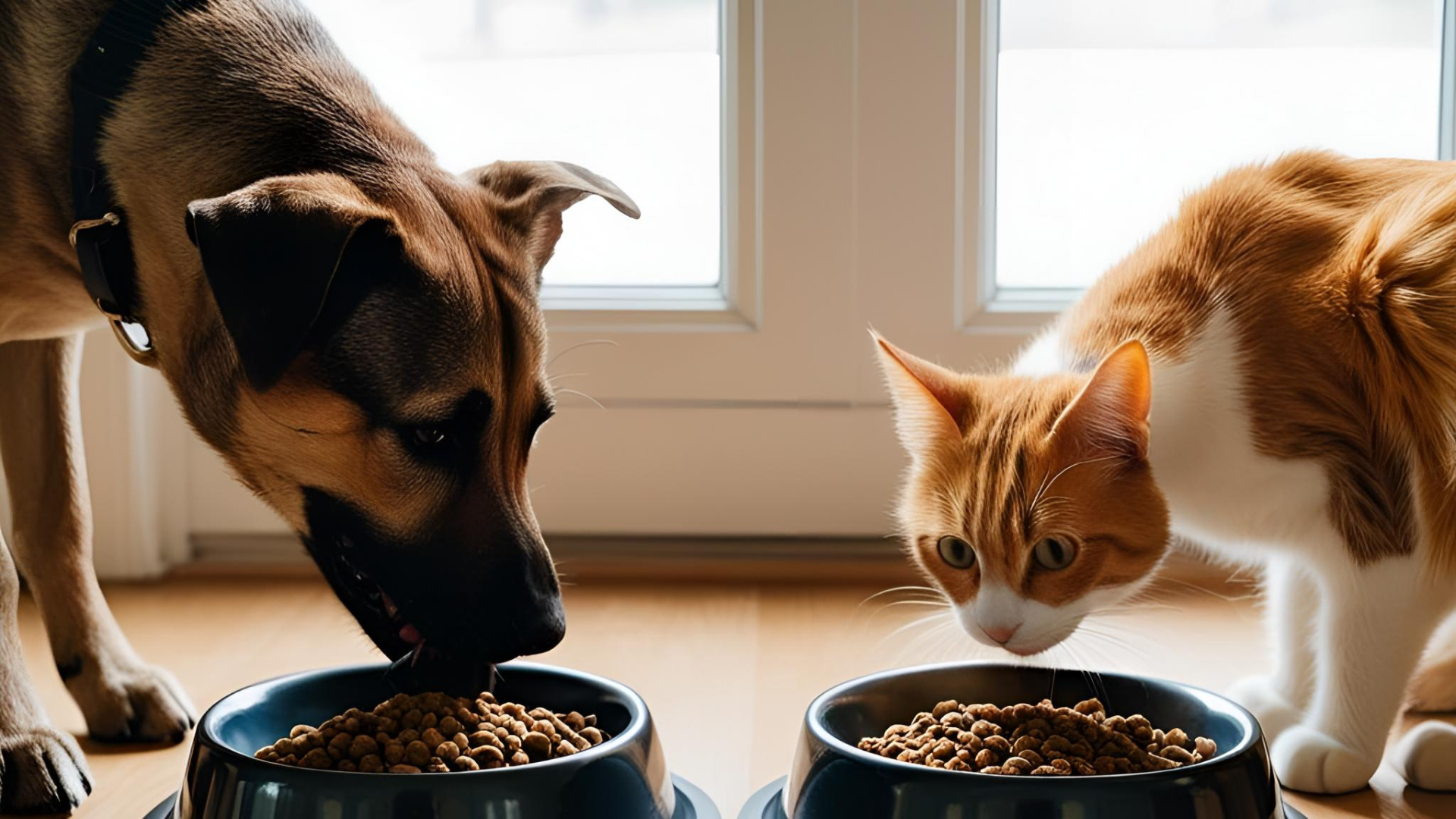 Dog and cat eating from their bowls