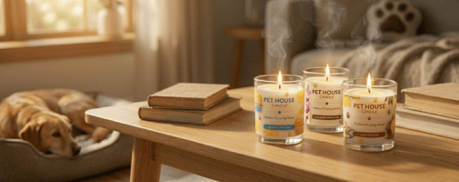 dog in a dog bed and three Pet House Candles on a table