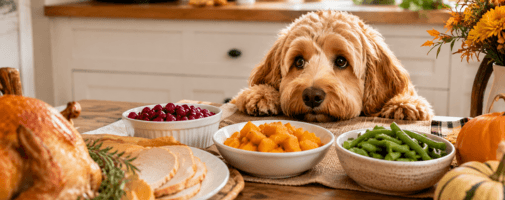 Dog looking at food on table