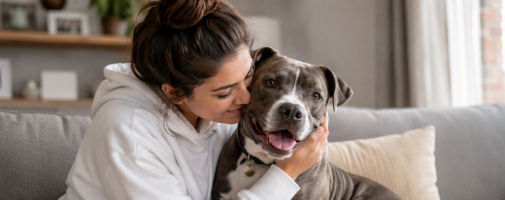 Woman hugging an kissing her dog