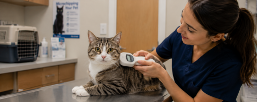 Woman check a cat for a microchip