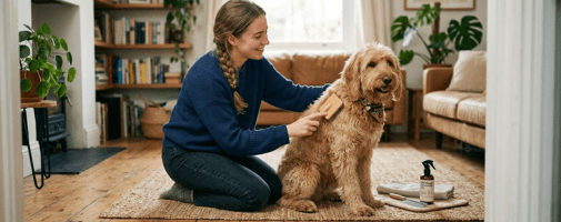 woman brushing a dog