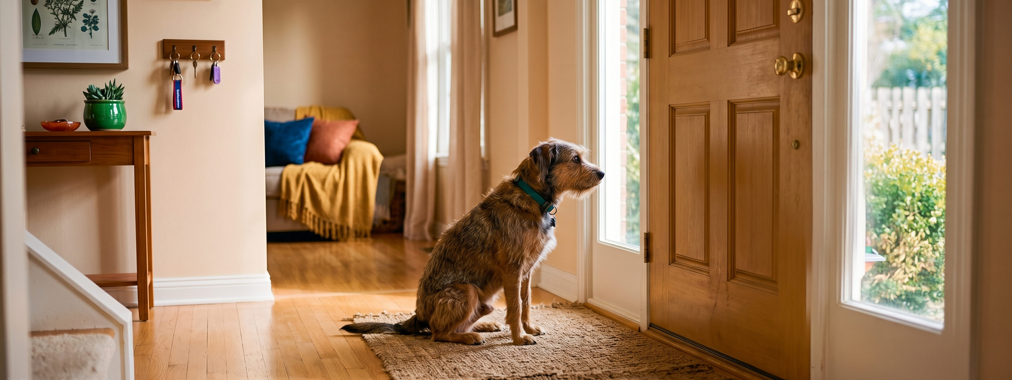 Dog sitting looking at the front door