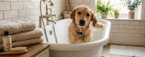 Dog in a bath tub