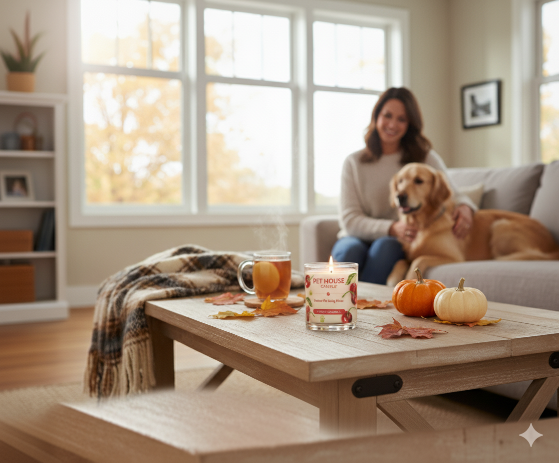 Woman sitting on a couch with a dog, surrounded by autumn decorations and a Cherry Crumble Candle on a coffee table.