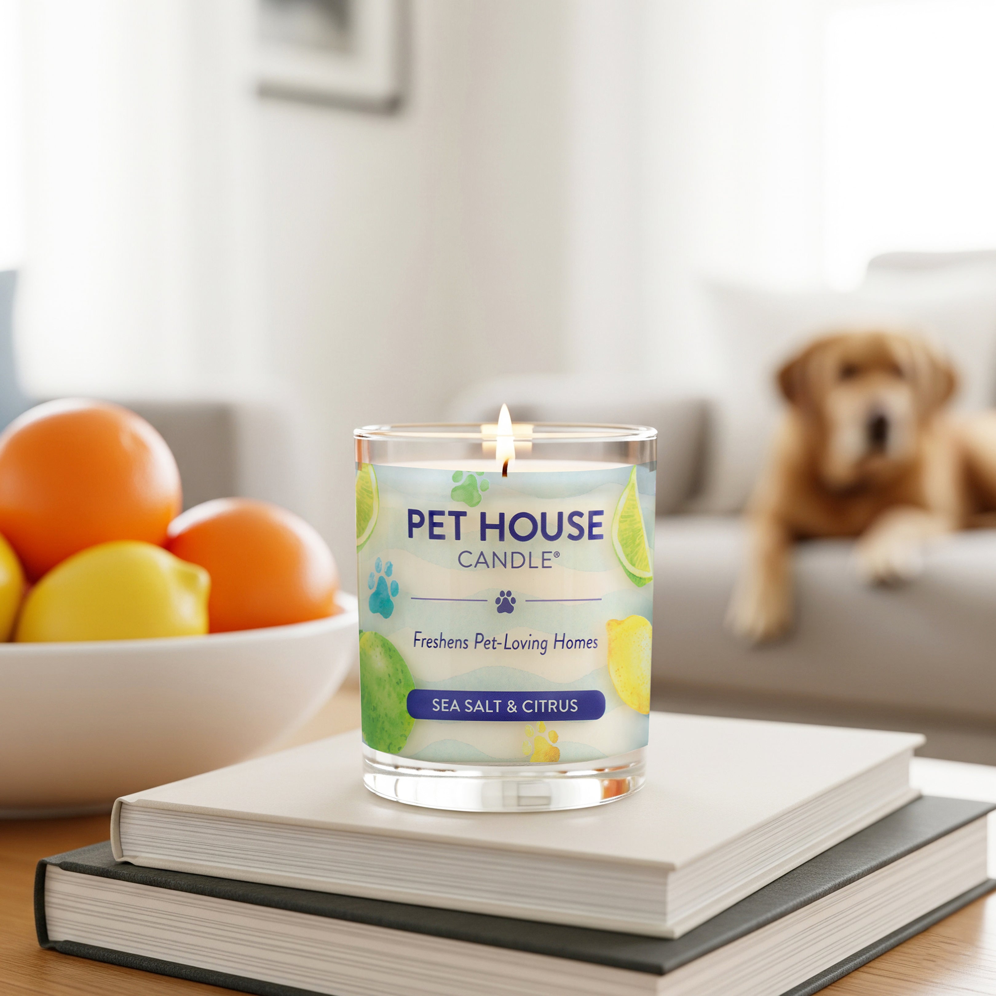 Sea Salt and Citrus Candle on top of two books