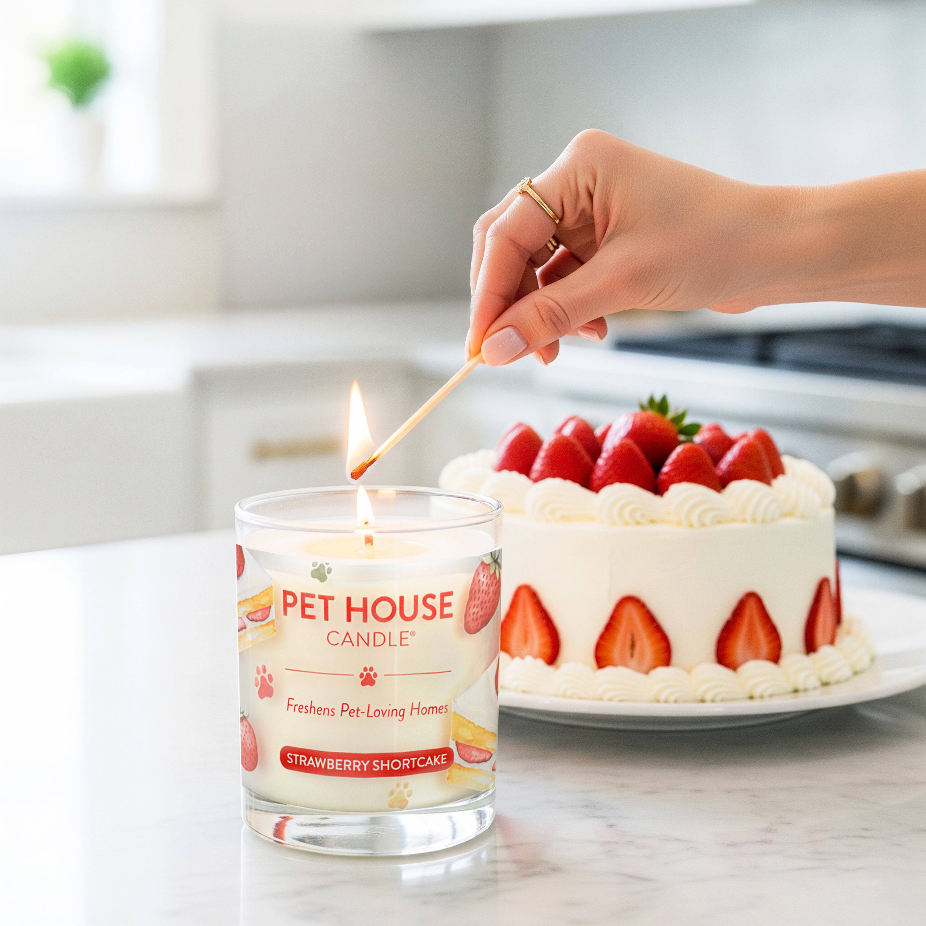 Strawberry Shortcake Candle on the kitchen countertop with Strawberry Cake.