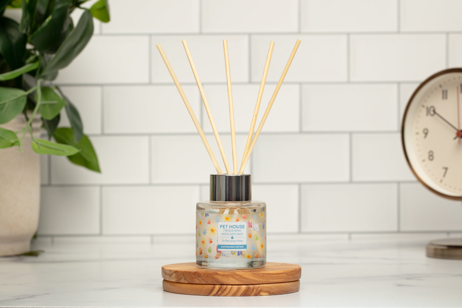 Sunwashed Cotton Reed Diffuser on top of a wooden coaster