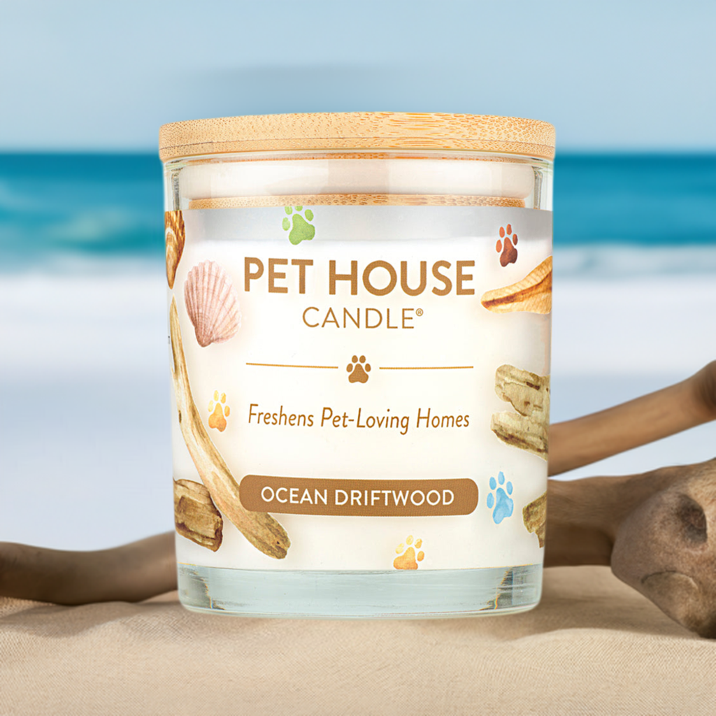 Ocean Driftwood Pet House Candle on the beach