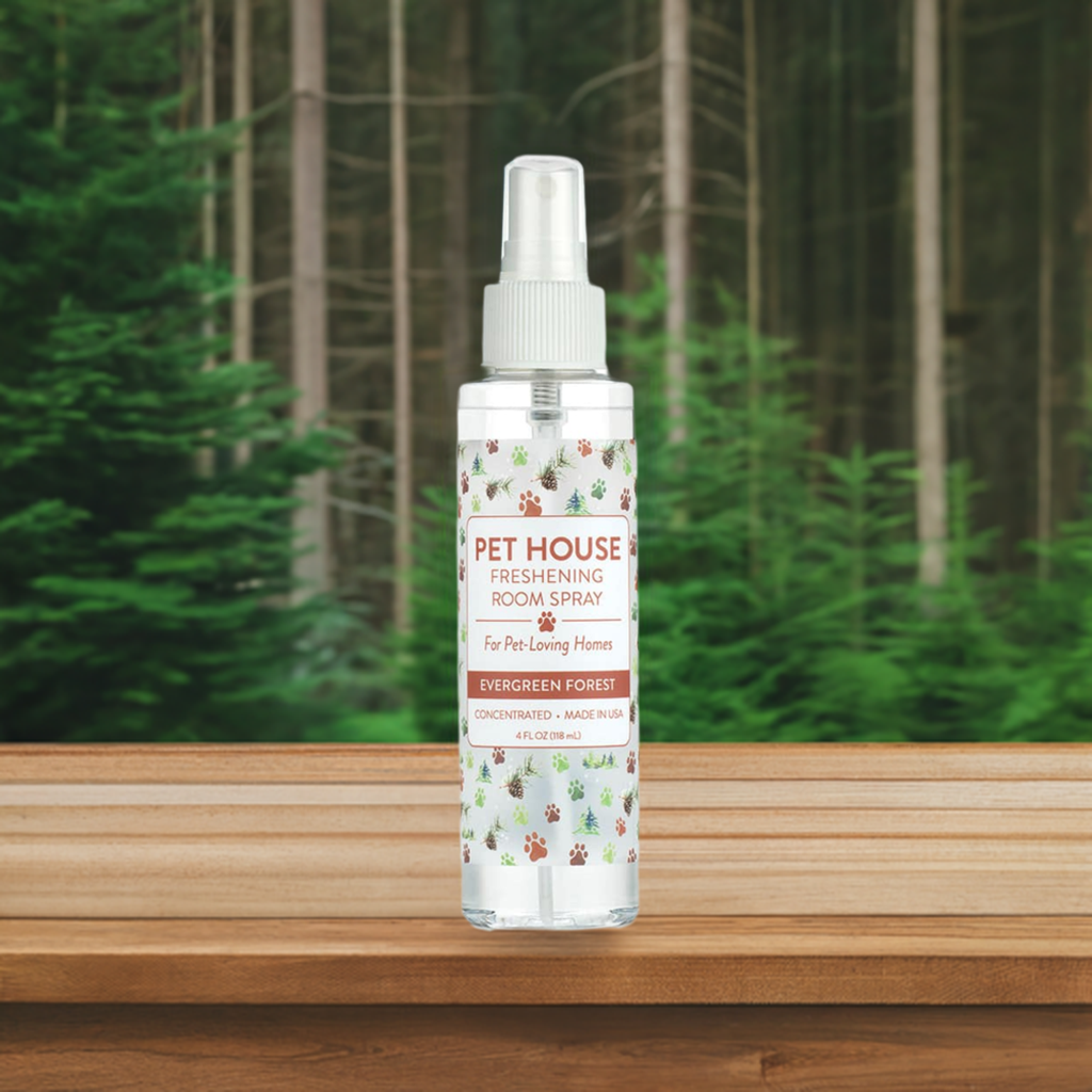 Evergreen Forest Room Spray on a wood deck