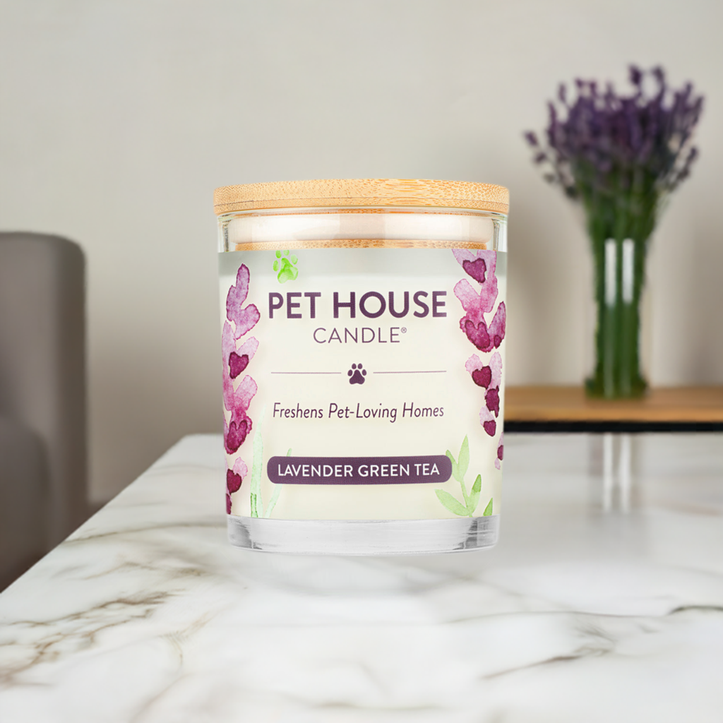 Pet House Lavender Green Tea Candle on a marble table