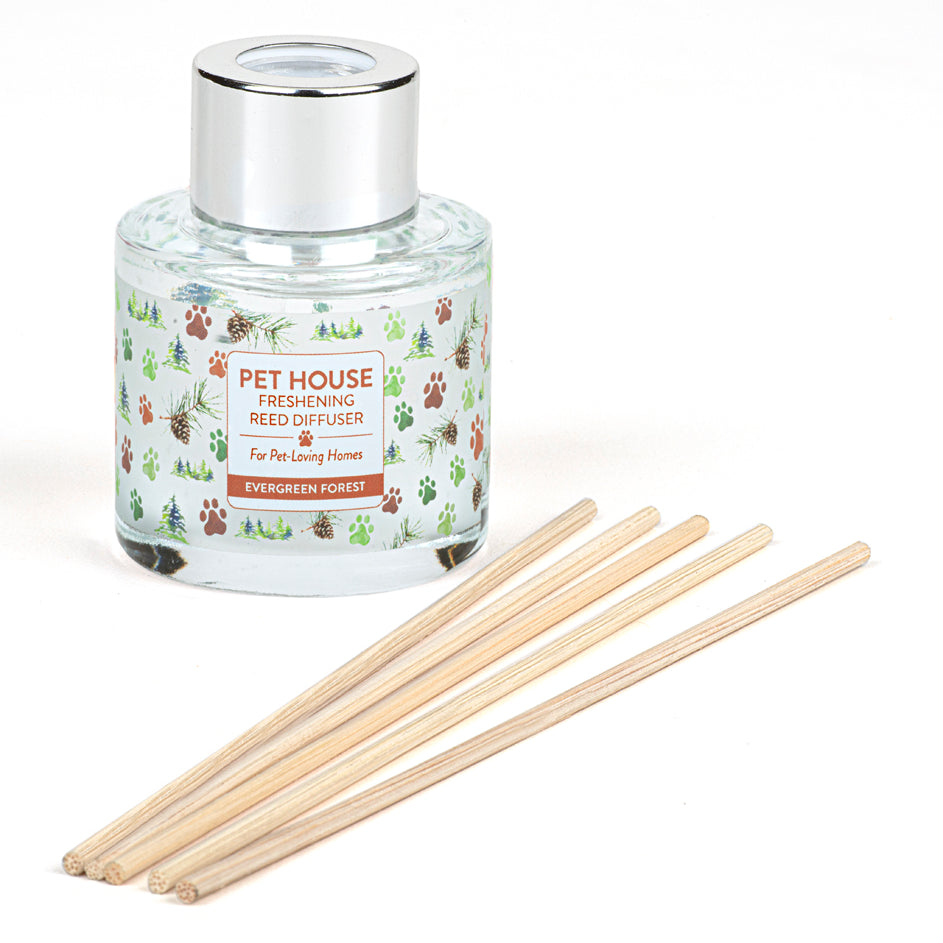 Evergreen Forest Pet House Reed Diffuser jar with reeds