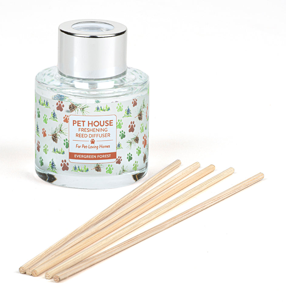 Evergreen Forest Pet House Reed Diffuser jar with reeds