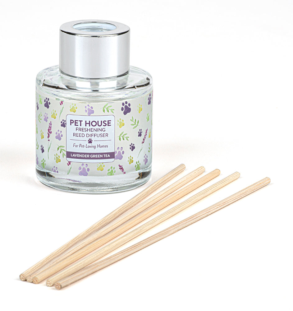 Lavender Green Tea Pet House Reed Diffuser jar with reeds