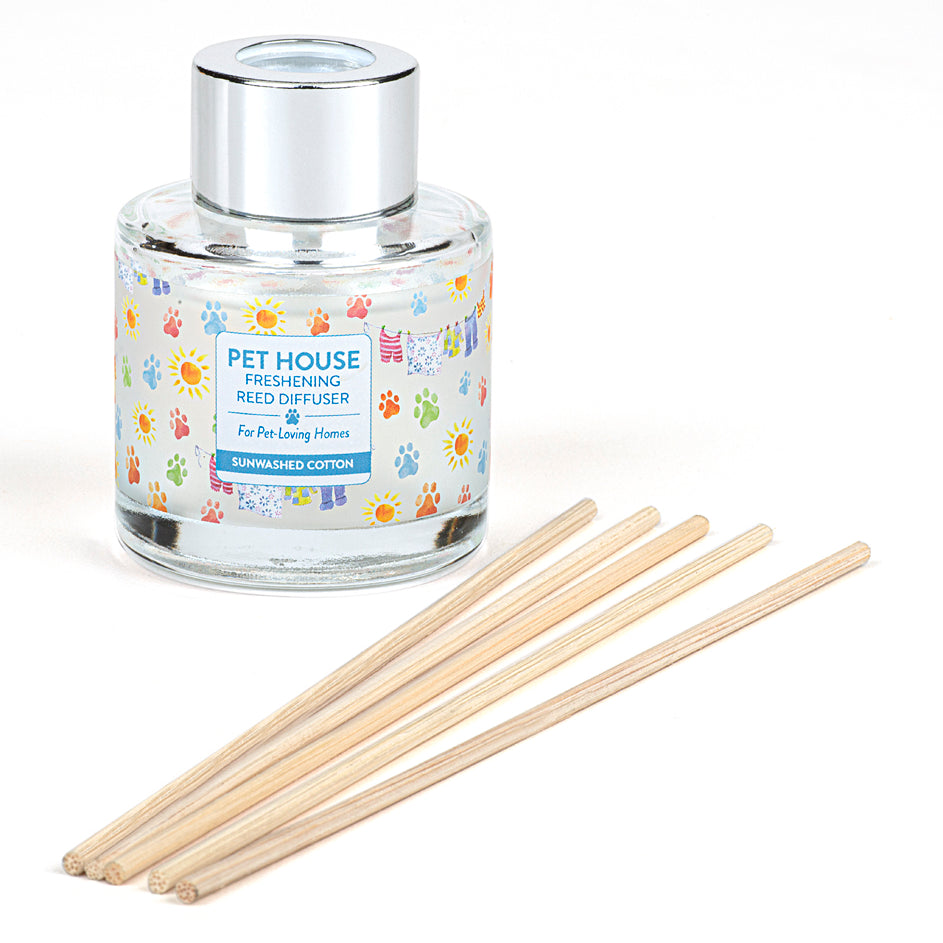 Sunwashed Cotton Pet House Reed Diffuser jar with reeds
