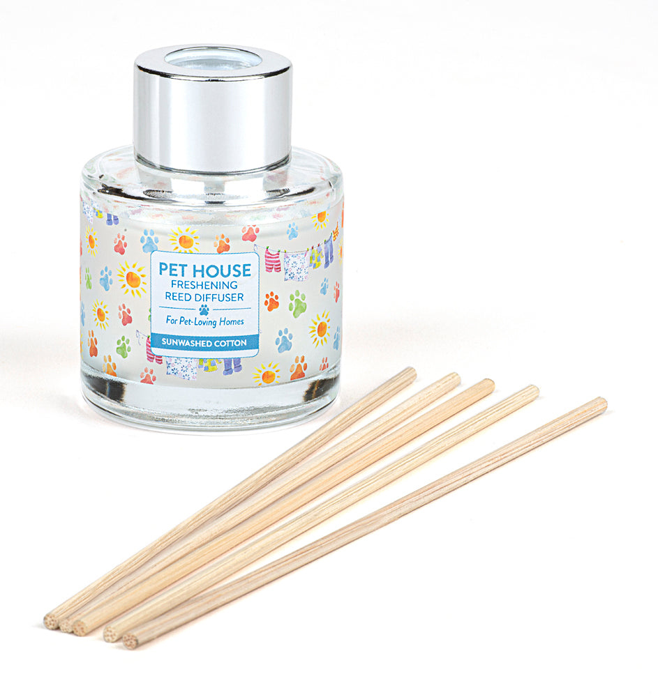 Sunwashed Cotton Pet House Reed Diffuser jar with reeds